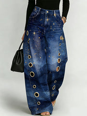 Gradient-colored Mountain, River, And Star Landscape Decorative Pattern Women's Cotton Denim Pants