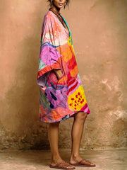 Women's Abstract Art Print V-neck Pocket Dress