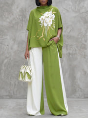 Women's Green Floral Art Stylish Casual Top And Pants Cotton Two-piece Set