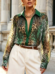 Women's Retro Fashion Leopard Art Print Casual Stylish Long Sleeve Shirt