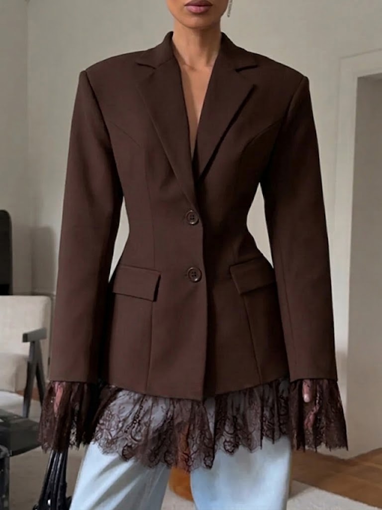 Women's Fitted Waist Long-sleeve Lace Spliced Blazer