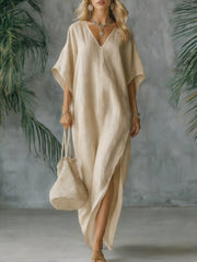Elegant Vintage V-neck Batwing Sleeve Solid Color Cotton And Linen Maxi Dress
