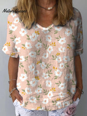 Sweet Spring White Floral Repeat Pattern Printed Women's Casual Cotton And Linen Shirt