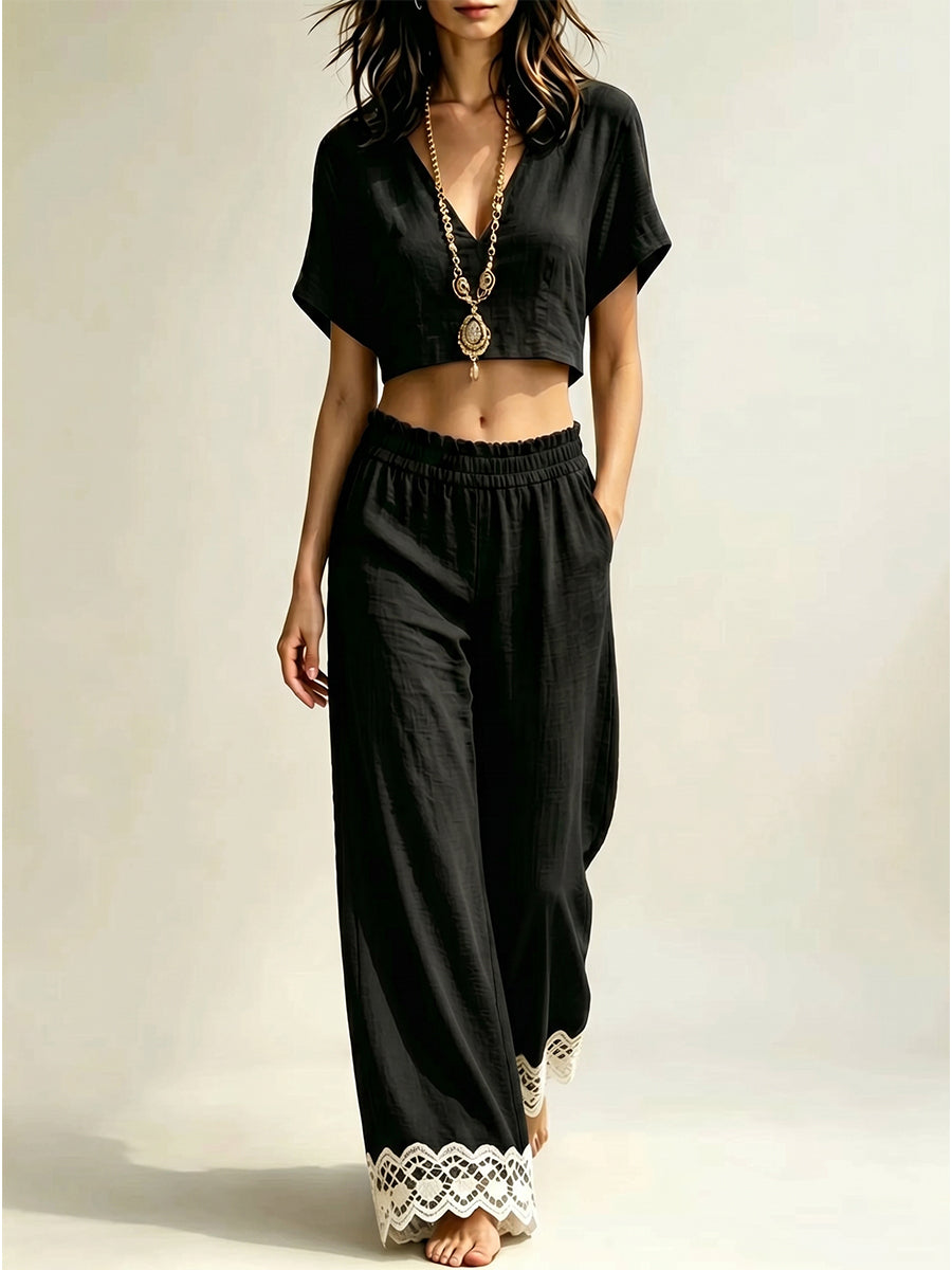 Women's V-neck Short-sleeve Top And Lace-trimmed Pants Set