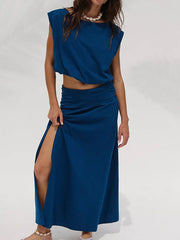 Women's Solid-color Casual Vacation Two-piece Set: Slit Skirt & Sleeveless Shirt