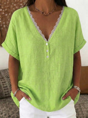 Solid-Color Short-Sleeve Top with Lace-Trimmed Collar