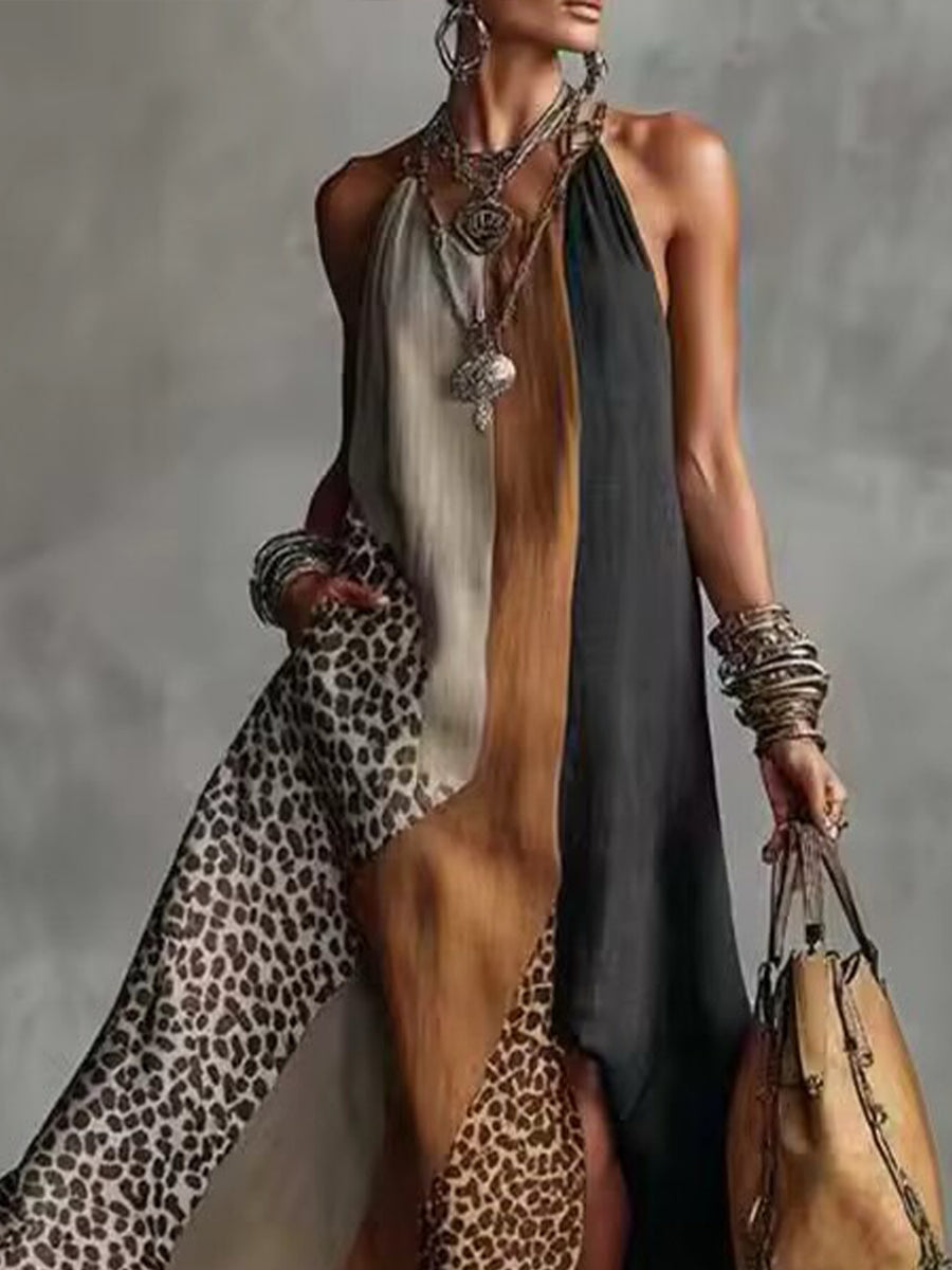 Casual Color-block Sleeveless Linen And Cotton Dress