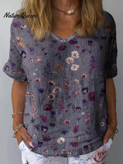 Women's Floral Art Print Casual Cotton And Linen Shirt