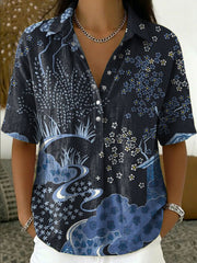 Women's Vintage Botanical Floral Casual Polo Collar Short-sleeved Linen And Cotton Shirt
