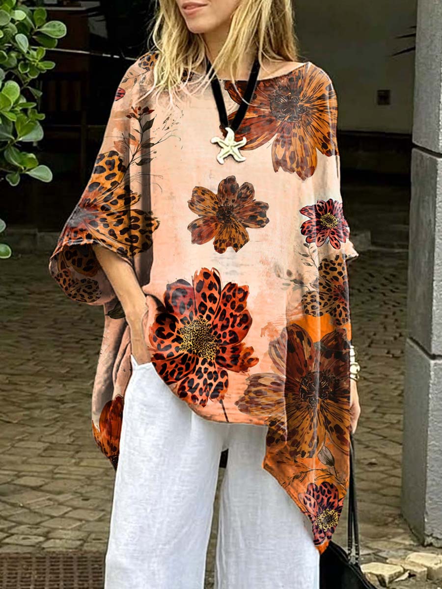 Women's Floral Art Print Casual Cotton Long Shirt