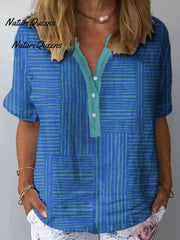 Women's Vintage Colorblock Striped Art Print Casual Linen V-neck Shirt