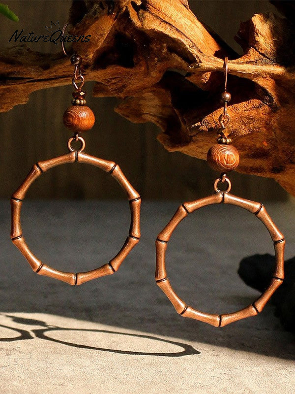 Vintage Wooden Beads Hand Woven Geometric Hollowed Wooden Earrings