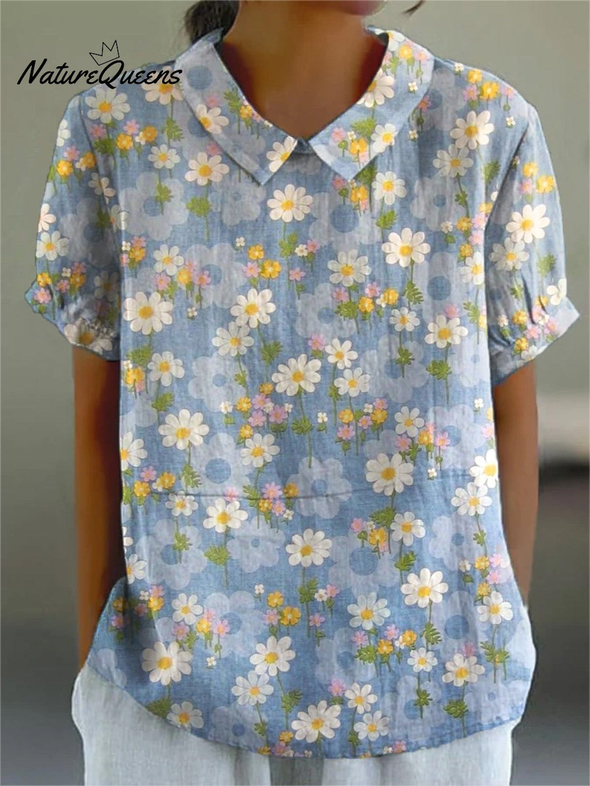 Women'sRetroFlower Art Print Casual Cotton And Linen Shirt