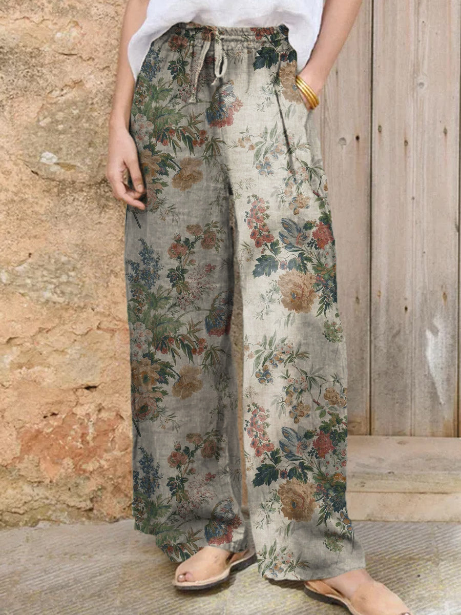 Retro Botanical & Floral Print Wide-leg Pants — Laid-back Vacation-style Trousers