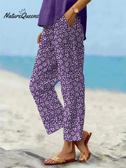 Women's Vintage Floral Art Printed 100%Cotton Casual Pants