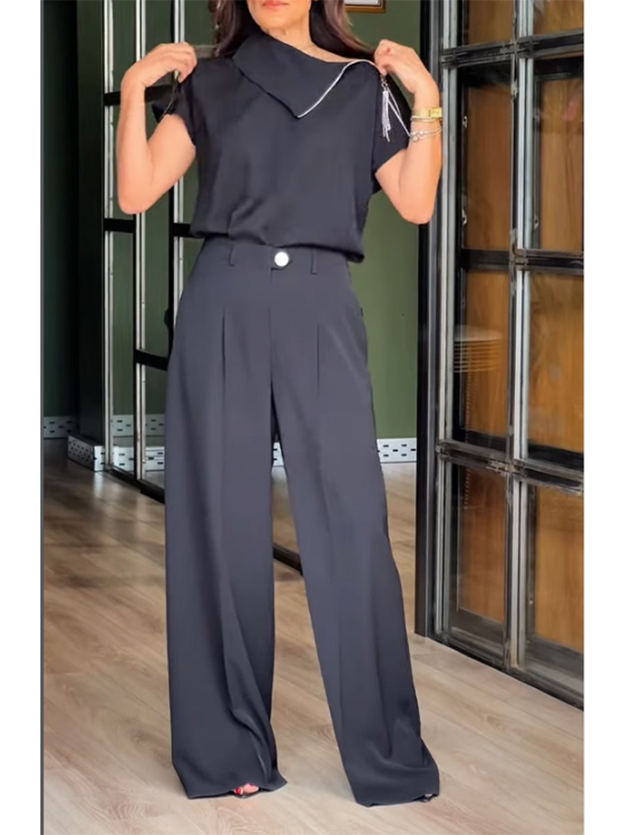 Elegant And Polished Two-piece Set: Half-zip Collared Top And Trousers