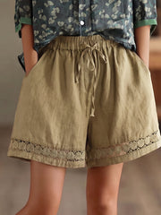 Floral Lace-trimmed Wide-leg Cotton-linen Shorts