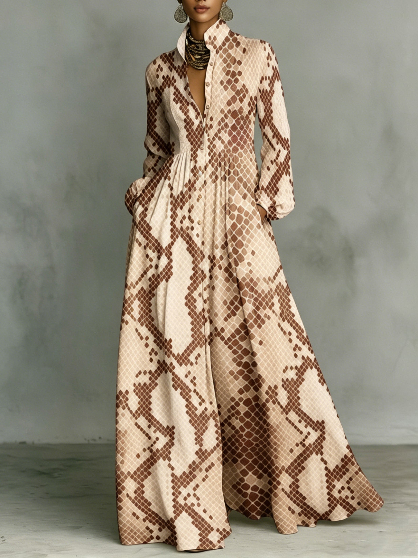 Snakeskin-print Stand-collar Single-breasted Long Shirt Dress