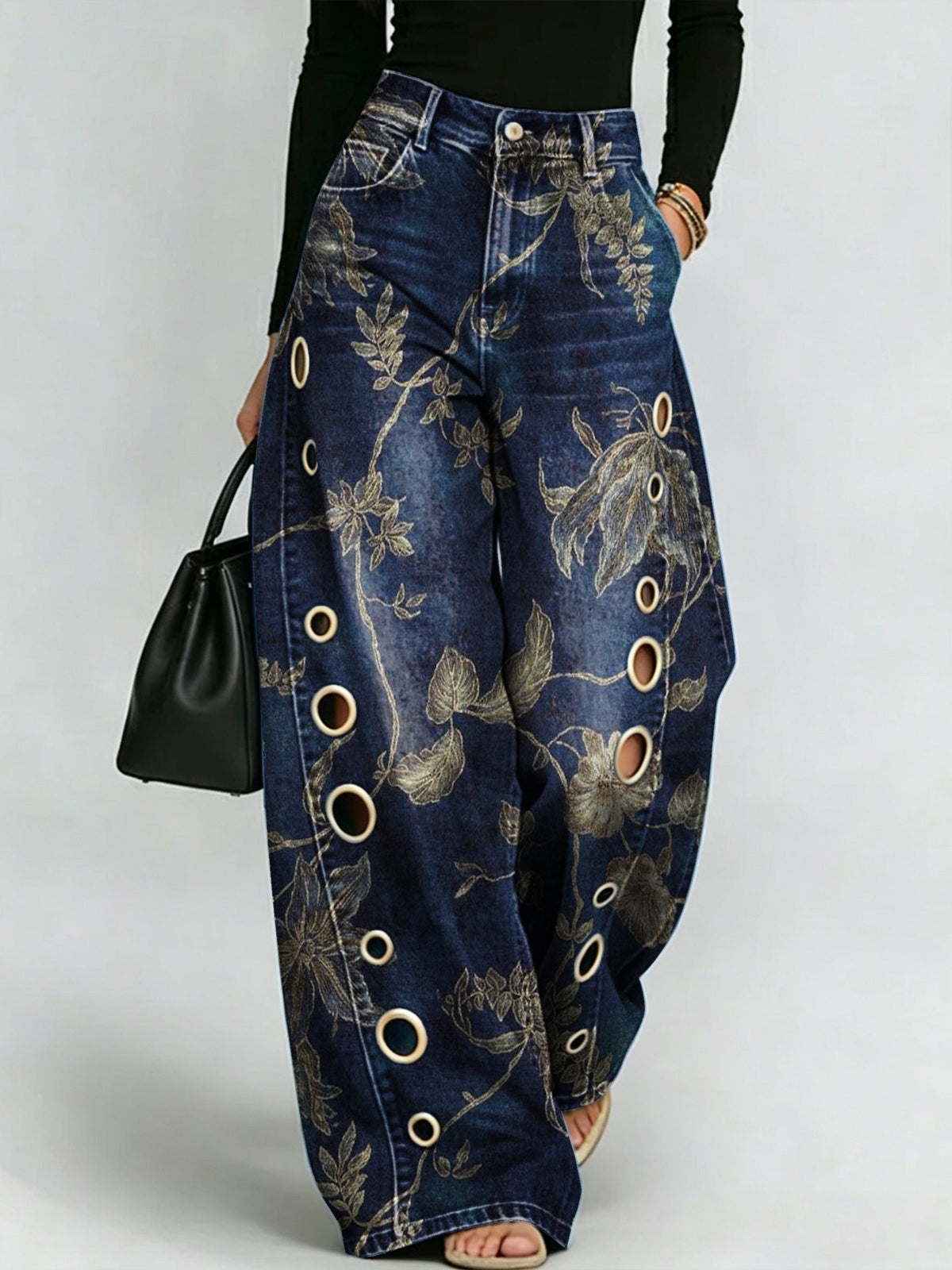 Printed Curved-leg Jeans With Metal Ring Accents