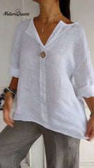 V-neck cotton and linen button top