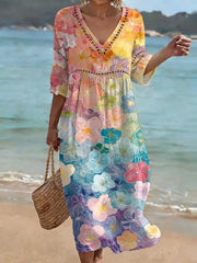 Colorful Floral Print Cutout V-neck Vacation Dress
