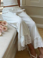 Women's White Lace-trimmed Wide-leg Pants — Loose-fit Casual Trousers (lightweight)