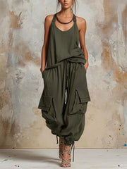 Casual & Cozy Linen-cotton Vest And Lantern Pants Two-piece Set