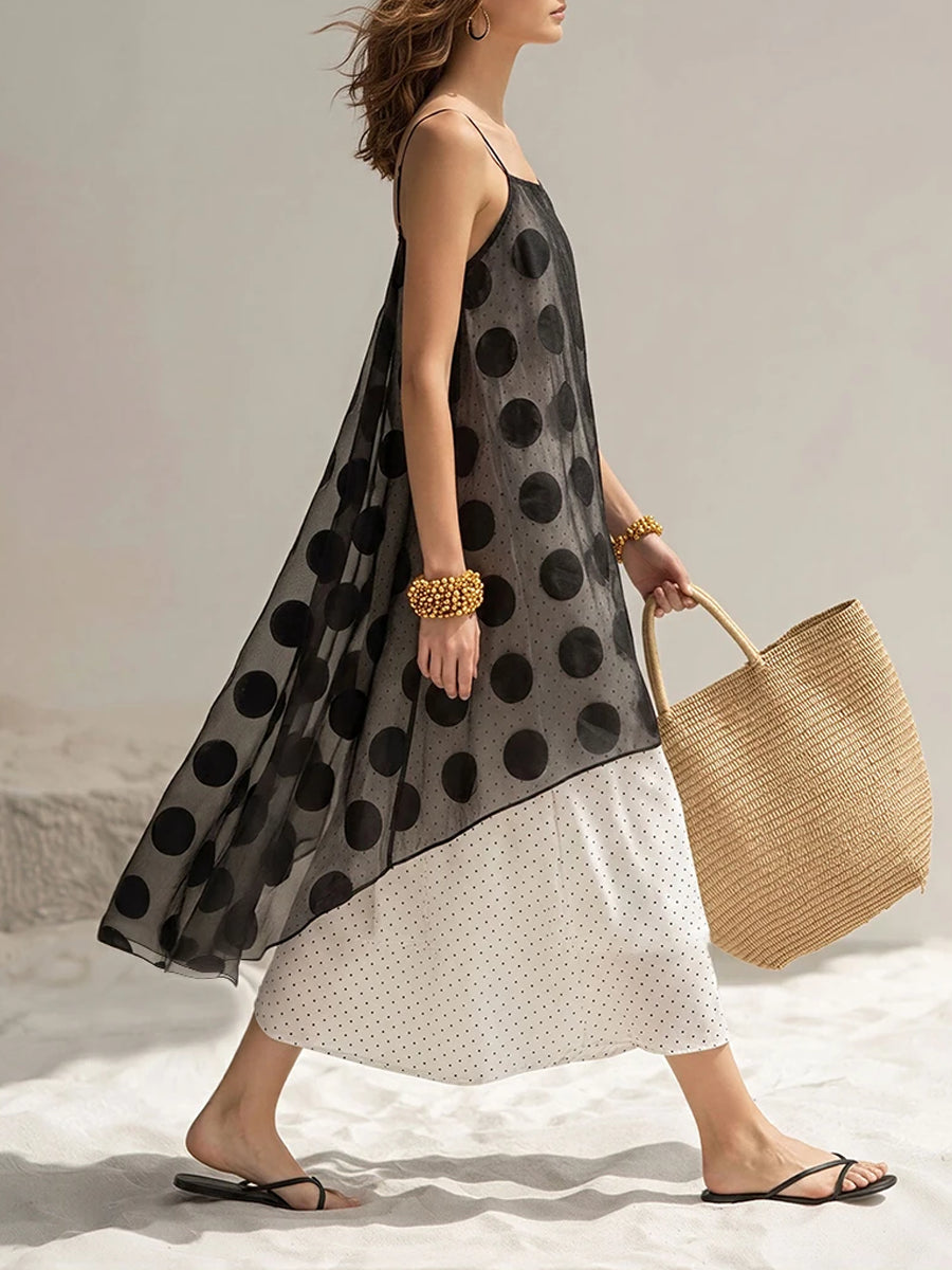 Polka-dot Double-layer Gauze Spaghetti-strap Asymmetrical Maxi Dress