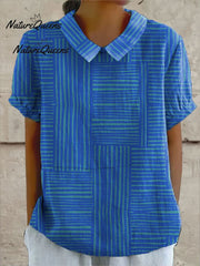 Women's Vintage Colorblock Striped Art Print Casual Linen V-neck Shirt