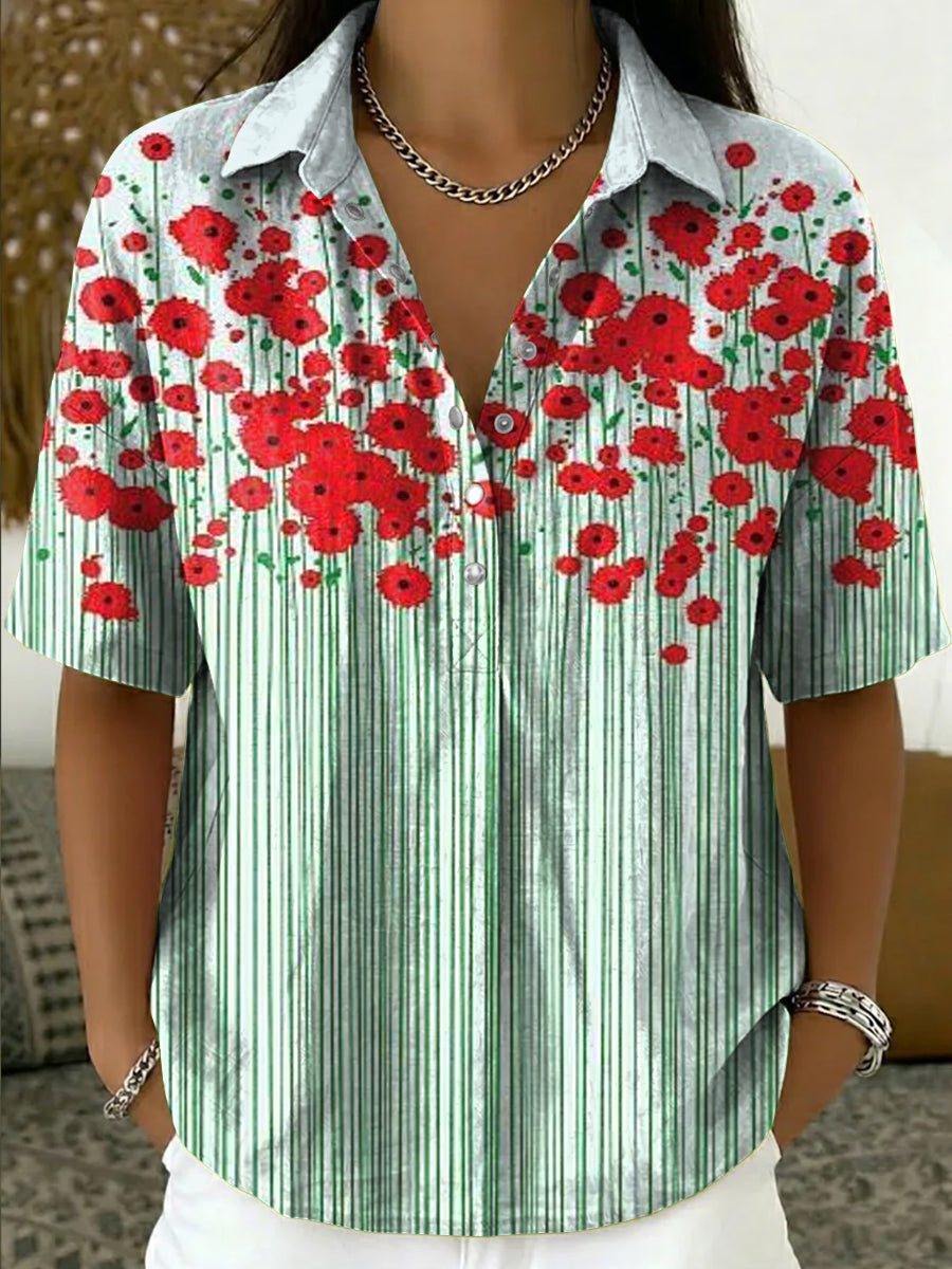 Women's Retro Color-block Floral & Striped Cotton-linen Short-sleeve Shirt