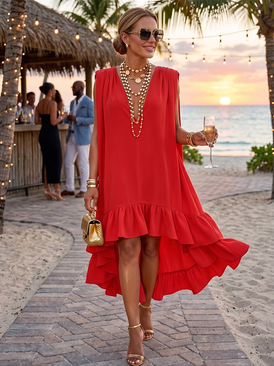 Elegant Vacation Party Asymmetrical Ruffle Midi Dress