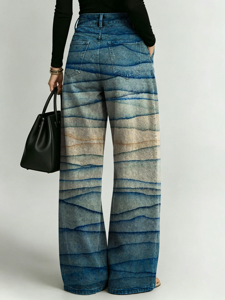 Women's Retro Gradient Pattern Printed Stylish Cutout Casual Denim Jeans