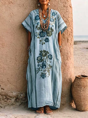 Women's Casual Loose Cotton-linen Dress With V-neck Short Sleeves And Placement Print