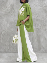Women's Green Floral Art Stylish Casual Top And Pants Cotton Two-piece Set