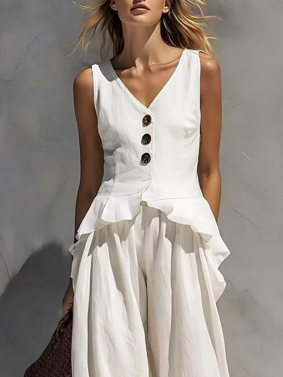 Women's Art Ruffle Stylish Casual Top And Pants Cotton Linen Two-piece Set