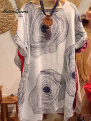 Women's Crew Neck Abstract Print 3/4 Sleeve Casual Linen Pocket Dress