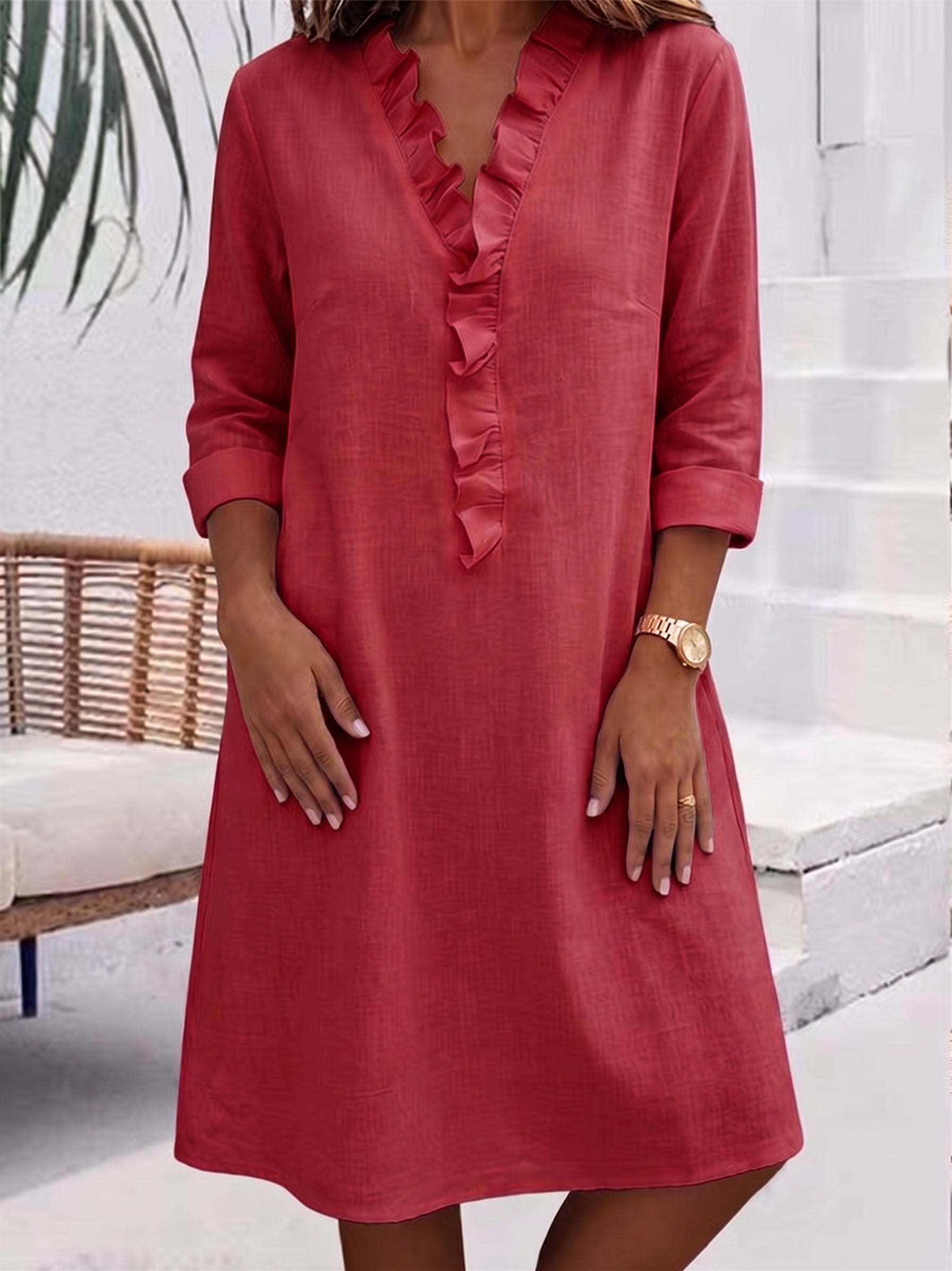 Cozy Ruffled-collar Cotton-linen Midi Dress