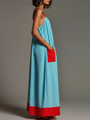 Vacation-style Color-block Striped Cotton-linen Maxi Dress