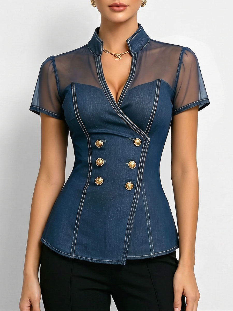 Women's V-neck Short-sleeve Casual Loose Denim-paneled Top