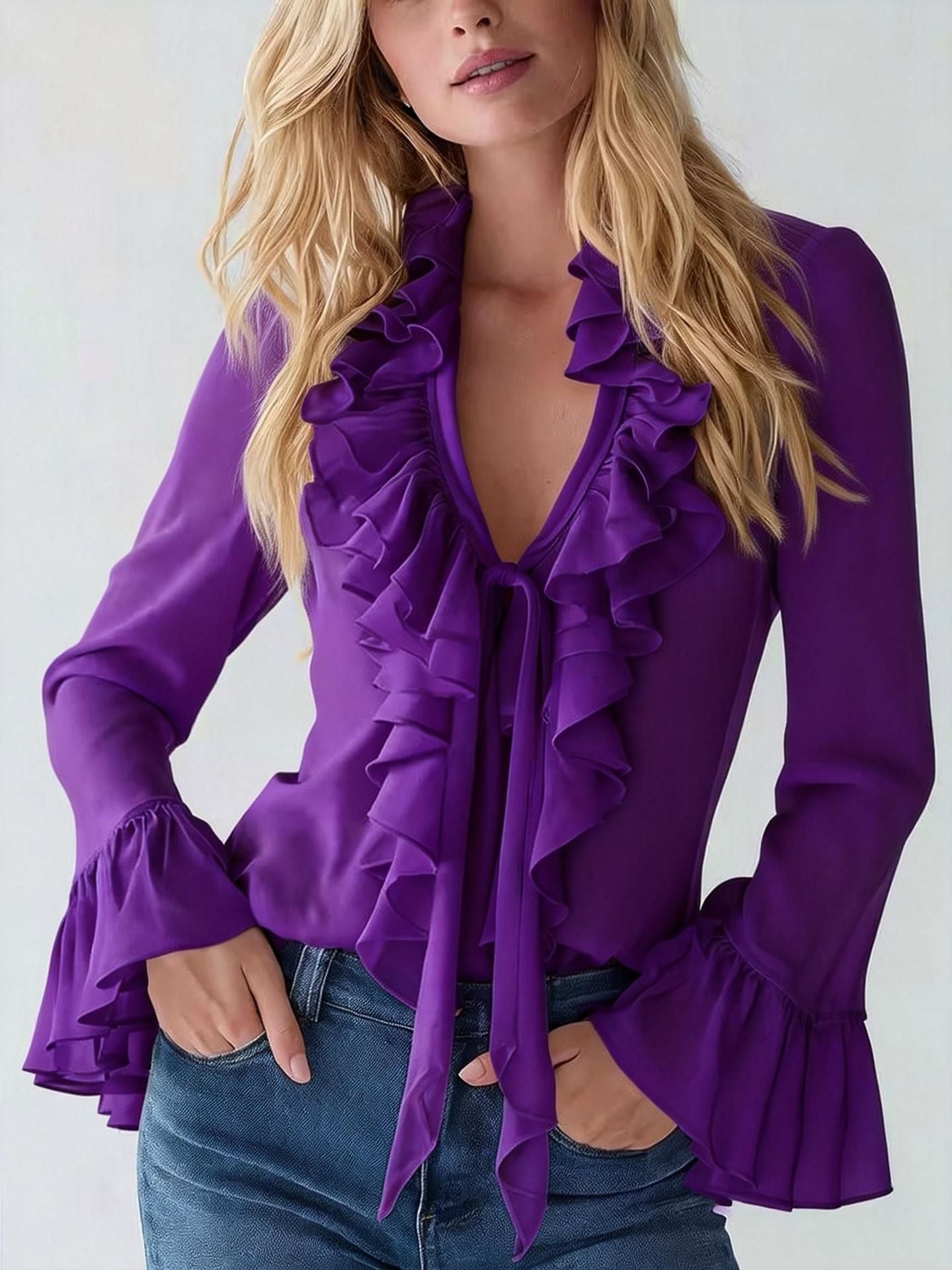 Women's Solid Color V-neck Puff Sleeve Ruffle Shirt