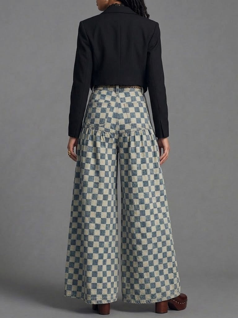 Retro Plaid Print Wide-leg Jeans